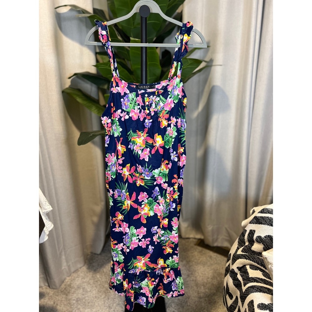 Lauren Ralph Lauren Navy Blue Tropical Floral Ruffle Hem Nightgown XL